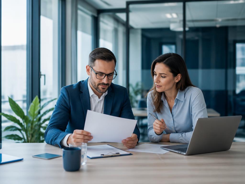 Two recruitment professionals reviewing candidate documents in a modern office